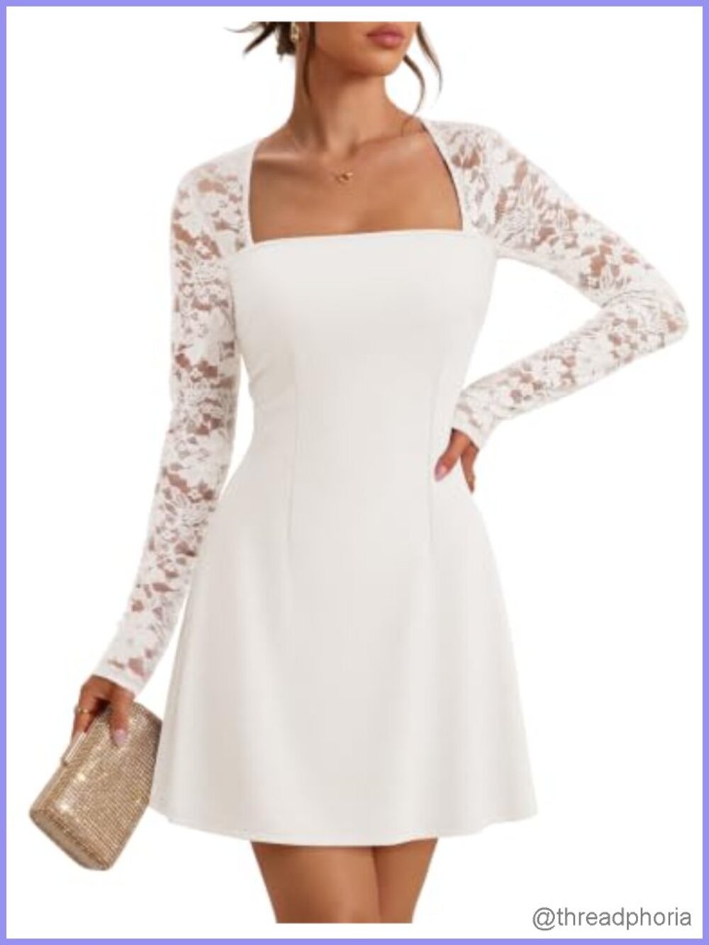 Women's Square Neck Lace Long Sleeve A-Line Mini Cocktail Dress
